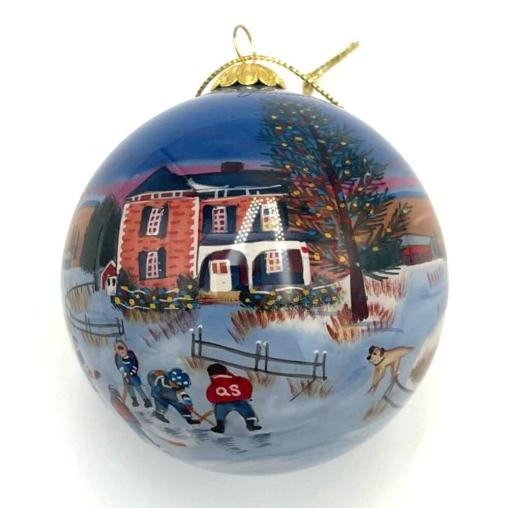 Hockey Christmas Ornament Ball Hand Painted Signed 2.5" D‎ Sports Fan